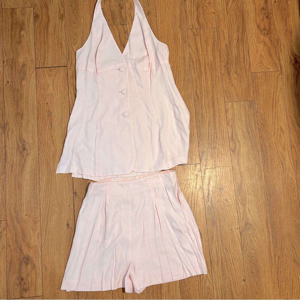 Hugo Buscati Pink Two-Piece Long Backless Halter & Matching High Waisted Shorts